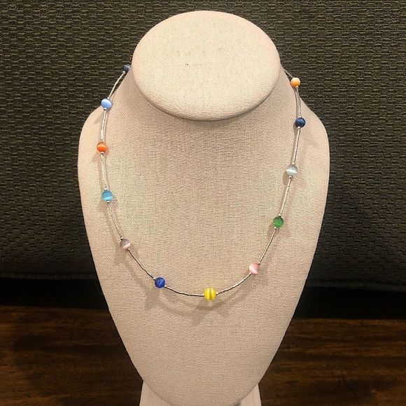Vintage Sterling Silver Variated Color Cats Eye Station Liquid Necklace